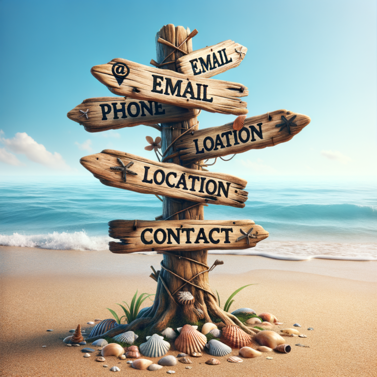 a sign in the beach that shows random directions saying things like email, Phone, location, contact.