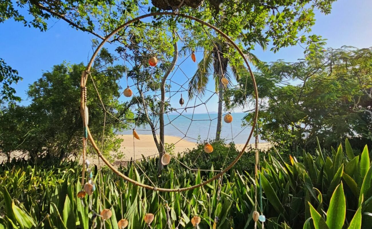 Dream Catcher Serenity in Green Oasis Serene dream catcher hanging in lush garden under clear blue sky.